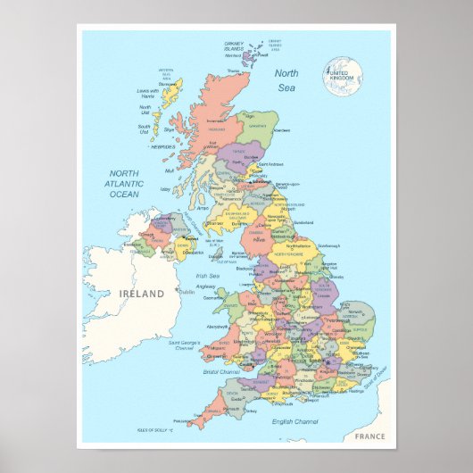 Poster Carte détaillée du Royaume-Uni (Devant)