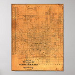 Poster Carte détaillée vintage d'Indianapolis 1885