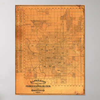 Poster Carte détaillée vintage d'Indianapolis 1885
