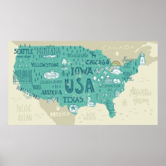 Poster Carte Doodle Des États-Unis (Devant)