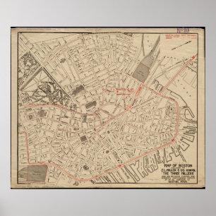 Poster Carte du centre-ville de Boston 1911 Vintage