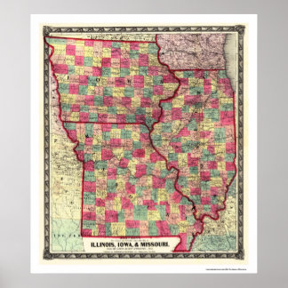 Poster Carte du chemin de fer Illinois Iowa Missouri 1859