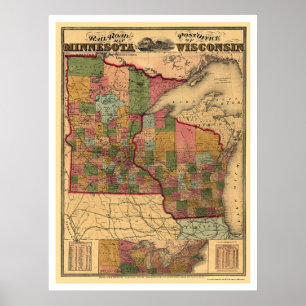 Poster Carte du chemin de fer Minnesota & Wisconsin 1871