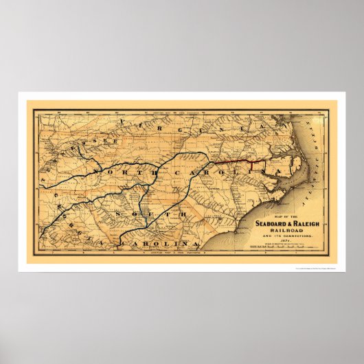 Poster Carte du chemin de fer Seaboard & Raleigh 1874 (Devant)