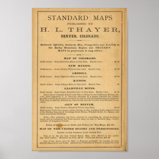 Poster Carte du Colorado par Thayer (Devant)