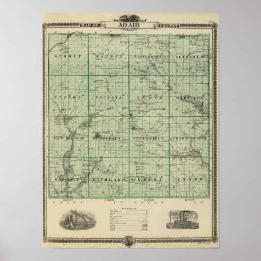 Poster Carte du comté d'Adair, État de l'Iowa (Devant)