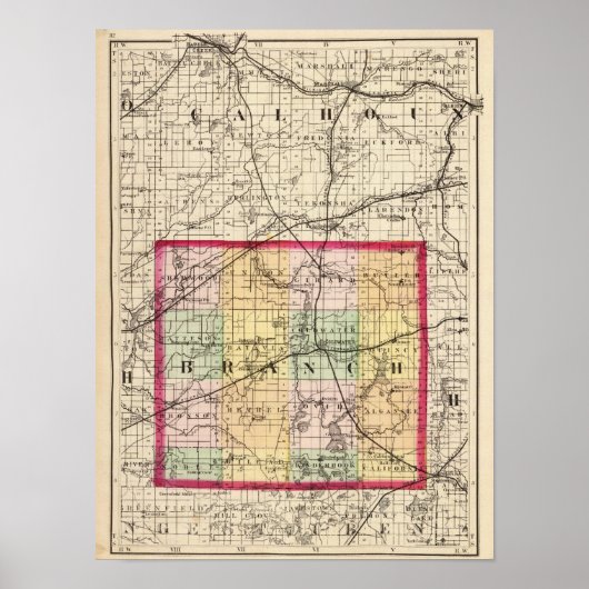 Poster Carte du comté de Branch, Michigan (Devant)