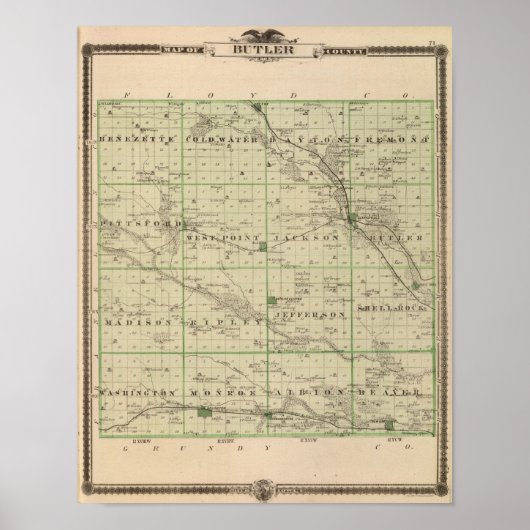 Poster Carte du comté de Butler, État de l'Iowa (Devant)