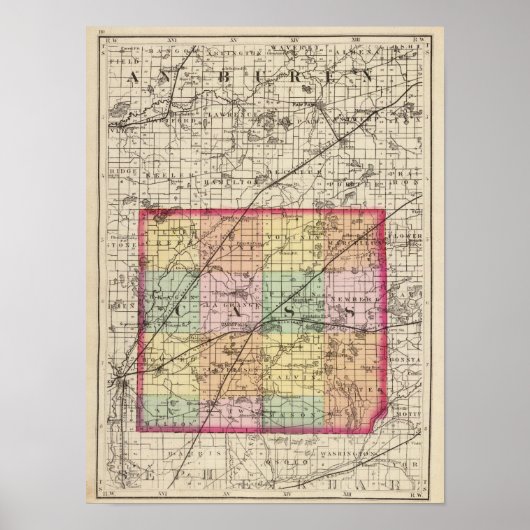 Poster Carte du comté de Cass, Michigan (Devant)