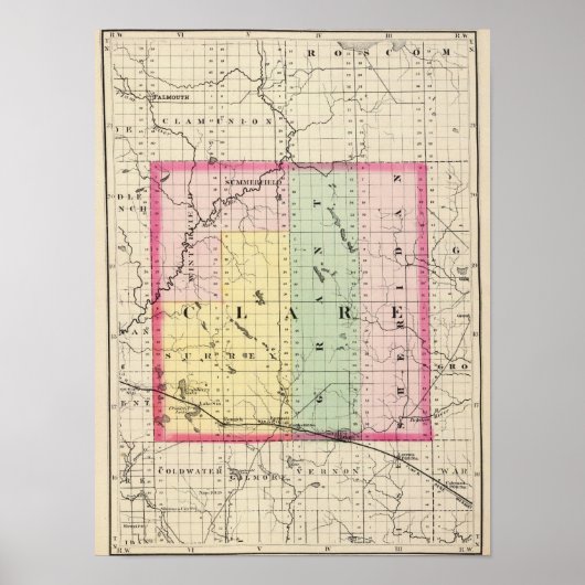 Poster Carte du comté de Clare, Michigan (Devant)