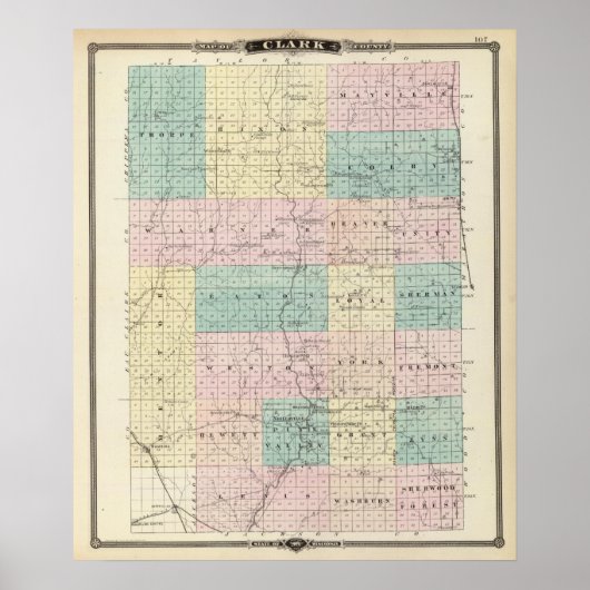 Poster Carte du comté de Clark, État du Wisconsin (Devant)