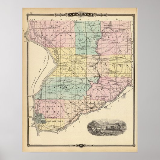 Poster Carte du comté de Crawford, État du Wisconsin (Devant)