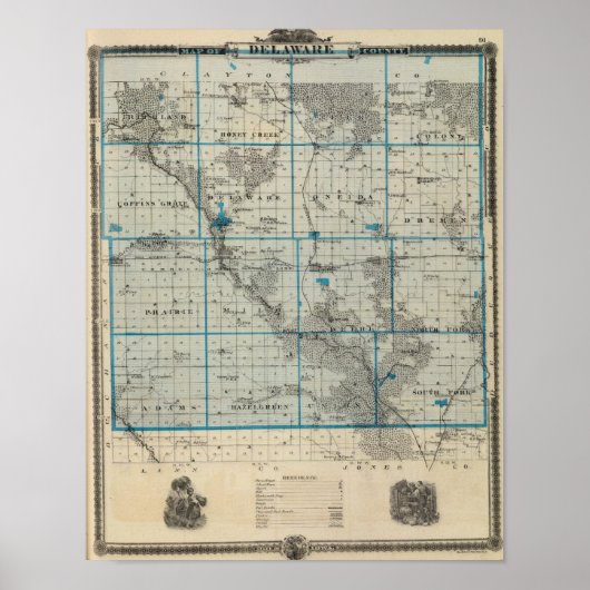 Poster Carte du comté de Delaware, État de l'Iowa (Devant)