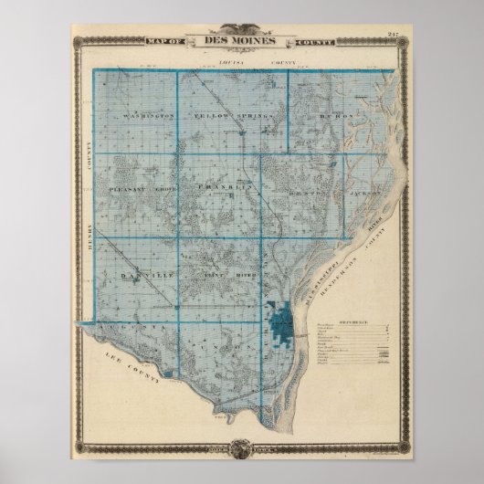 Poster Carte du comté de Des Moines, État de l'Iowa (Devant)
