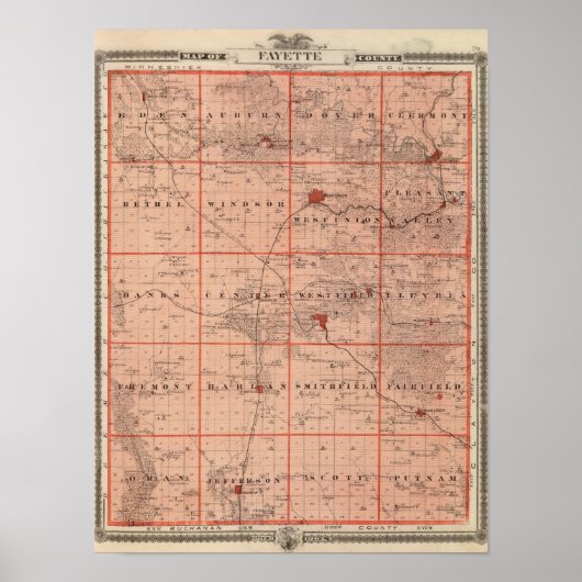 Poster Carte du comté de Fayette, État de l'Iowa (Devant)