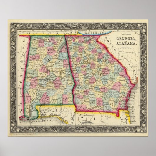 Poster Carte Du Comté De Géorgie Et Alabama (Devant)