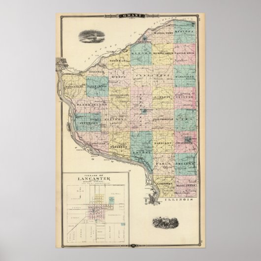 Poster Carte du comté de Grant et du village de Lancaster (Devant)