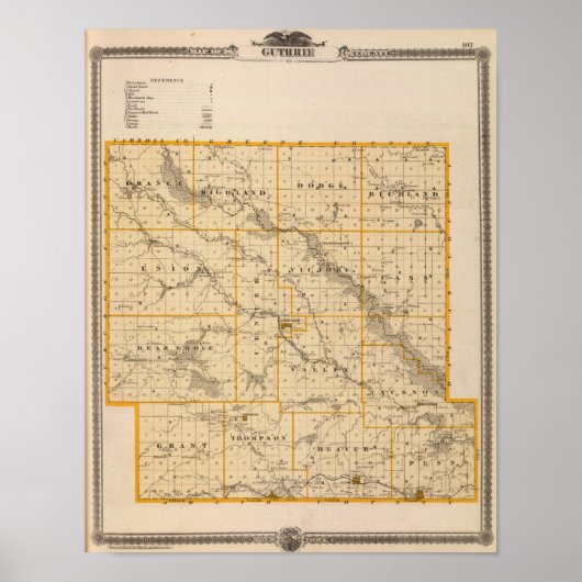 Poster Carte du comté de Guthrie, État de l'Iowa (Devant)