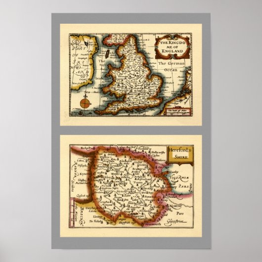 Poster Carte du comté de Herefordshire, Angleterre (Devant)