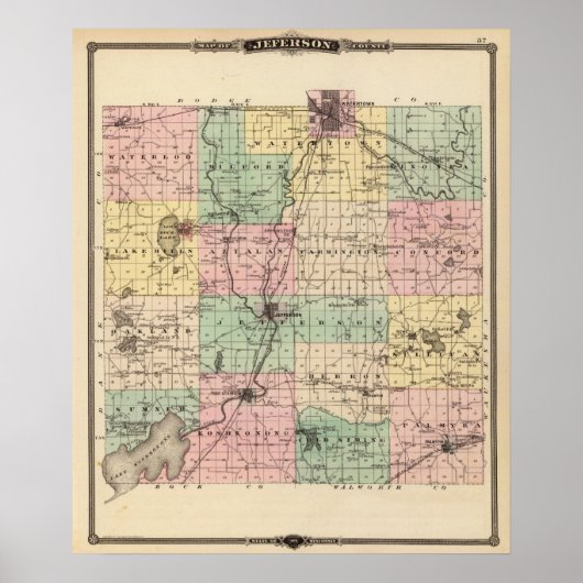 Poster Carte du comté de Jefferson, État du Wisconsin (Devant)