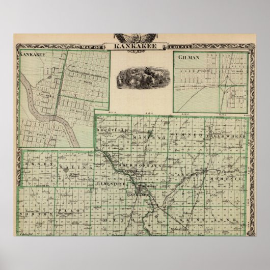 Poster Carte du comté de Kankakee, Kankakee et Gilman (Devant)