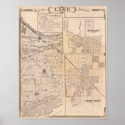 Poster Carte du comté de Lake avec Lowell (Devant)