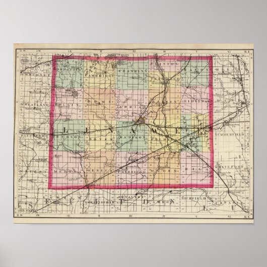 Poster Carte du comté de Lenawee, Michigan (Devant)