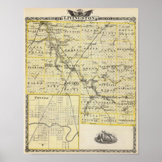 Poster Carte du comté de Livingston et du Pontiac (Devant)