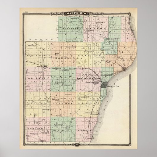 Poster Carte du comté de Manitowoc, État du Wisconsin (Devant)