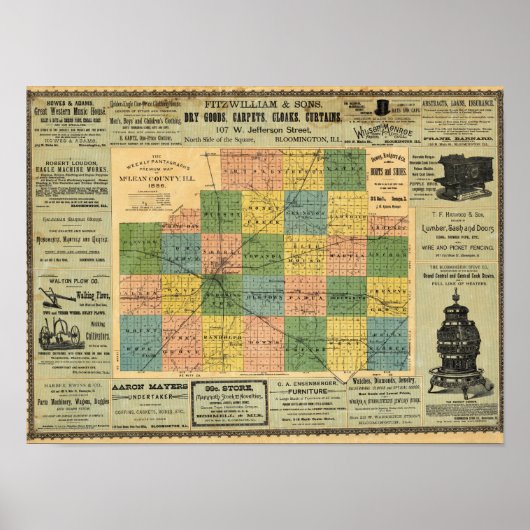 Poster Carte du comté de McLean, Illinois 1886 (Devant)