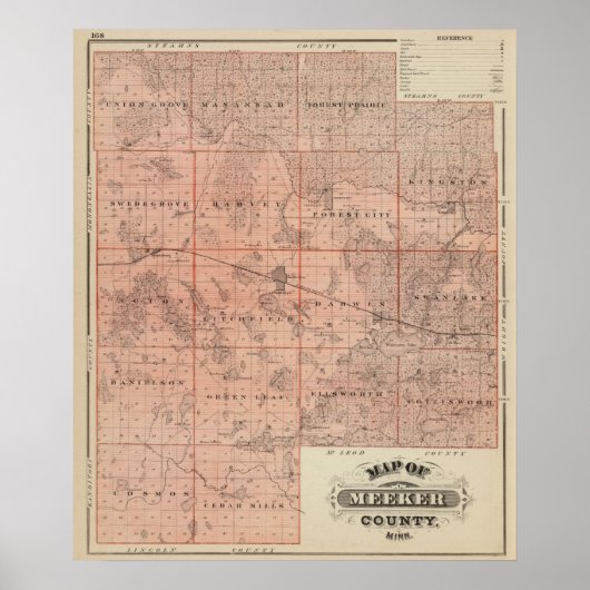 Poster Carte du comté de Meeker, Minnesota (Devant)