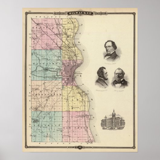 Poster Carte du comté de Milwaukee, État du Wisconsin (Devant)