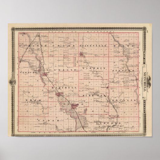 Poster Carte du comté de Mitchell, État de l'Iowa (Devant)