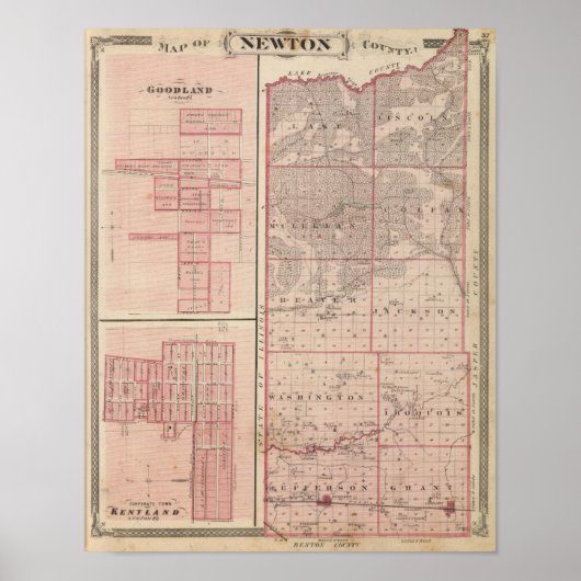 Poster Carte du comté de Newton avec Goodland et Kentland (Devant)