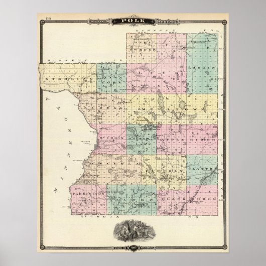 Poster Carte du comté de Polk, État du Wisconsin (Devant)