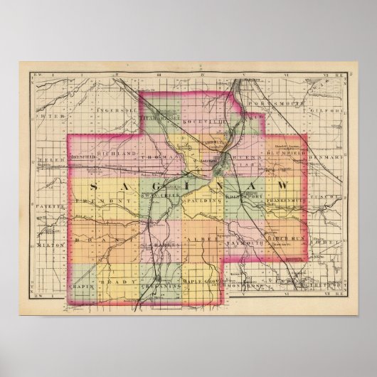 Poster Carte du comté de Saginaw, Michigan (Devant)