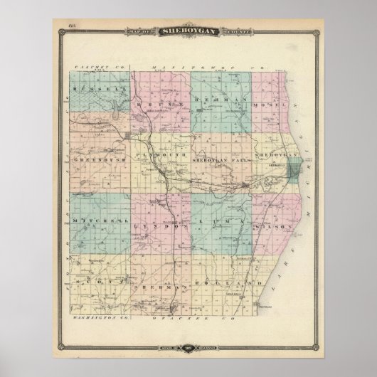 Poster Carte du comté de Sheboygan, État du Wisconsin (Devant)