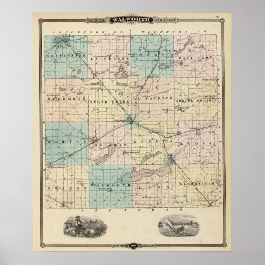 Poster Carte du comté de Walworth, État du Wisconsin (Devant)