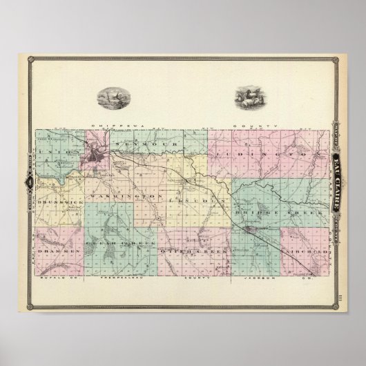 Poster Carte du comté d'Eau Claire, État du Wisconsin (Devant)