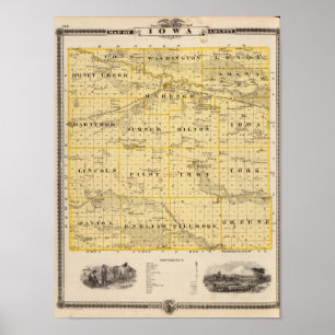 Poster Carte du comté d'Iowa, État de l'Iowa