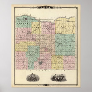 Poster Carte du comté d'Iowa, État du Wisconsin