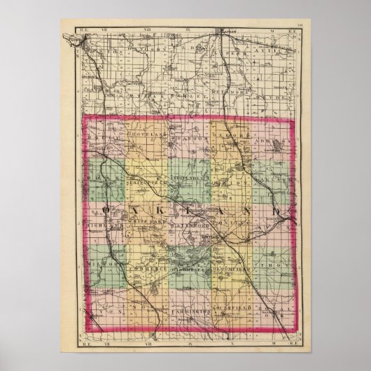 Poster Carte du comté d'Oakland, Michigan (Devant)