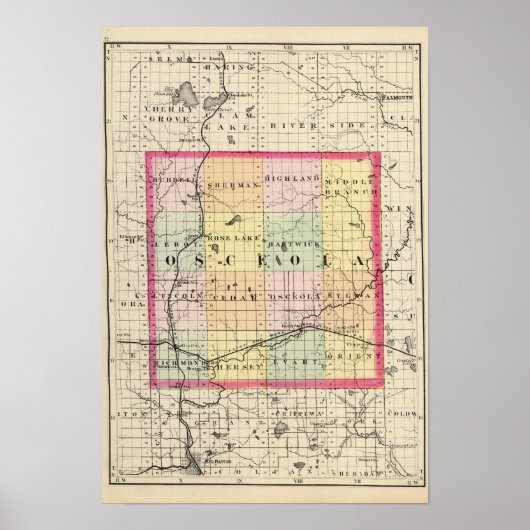 Poster Carte du comté d'Osceola, Michigan (Devant)