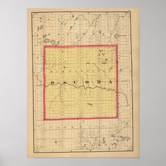 Poster Carte du comté d'Oscoda, Michigan (Devant)