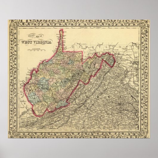 Poster Carte du comté Virginie occidentale (Devant)