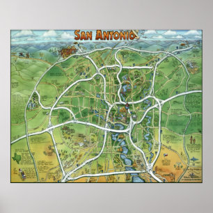 Poster Carte du dessin animé de San Antonio Texas