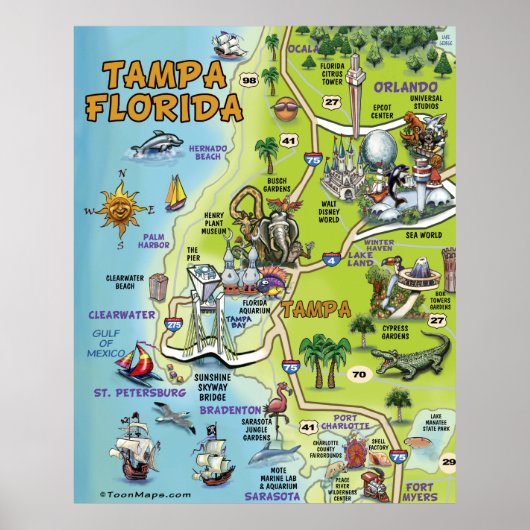 Poster Carte du dessin de Tampa en Floride (Devant)