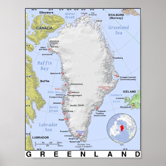 Poster Carte du Groenland sans glace (Devant)