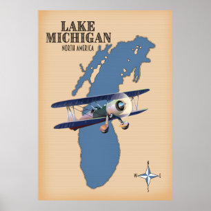 Poster Carte du lac Michigan en Amérique du Nord