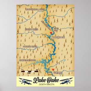 Poster Carte du lac Oahe Dakota du Sud